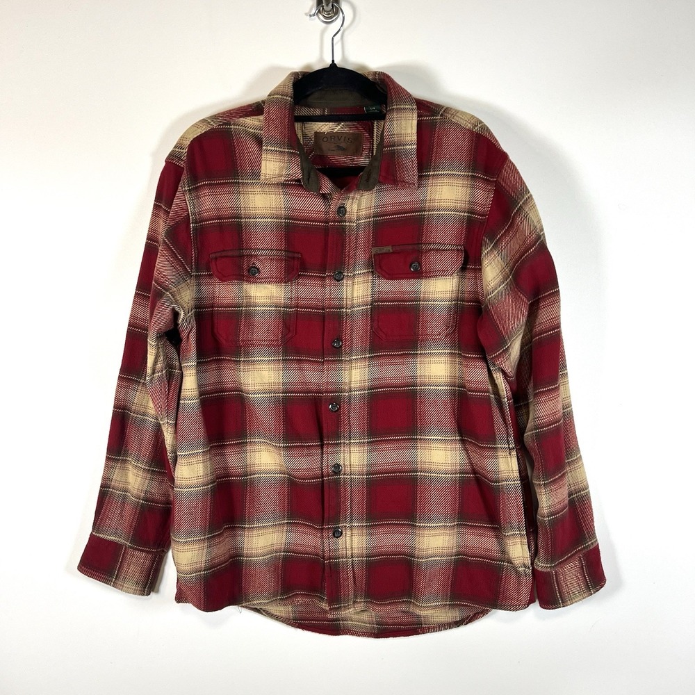Orvis Shirt Mens Large Red Multi Plaid Heavy Flannel Shacket Pockets Chore‎ Barn
